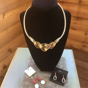 Vintage Cloisonné Necklace + Two Pierced Earrings, One Vintage Copper, One New